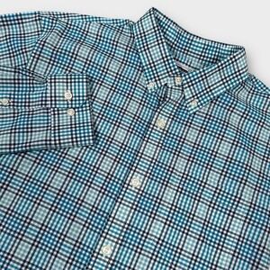 LL Bean Shirt Mens L Blue Green Plaid Long Sleeves Slightly Fitted Button Down